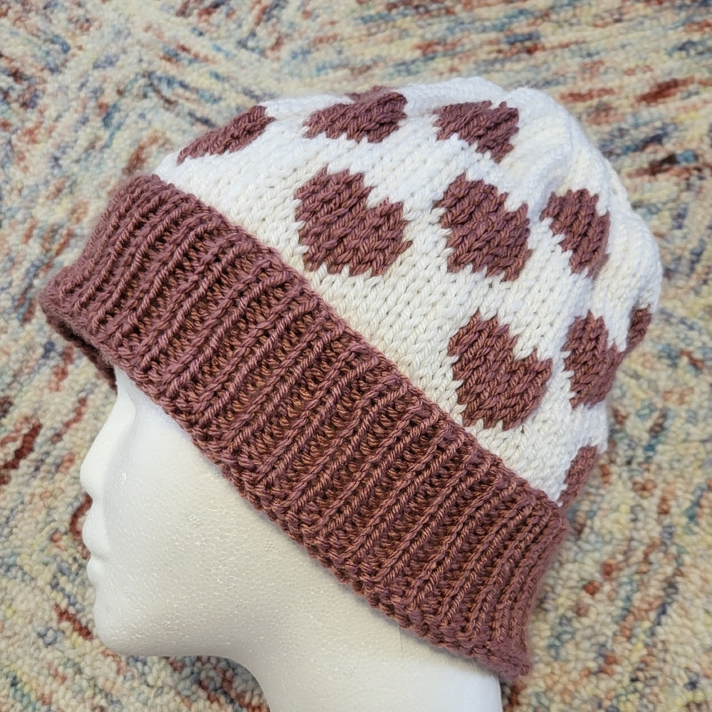 Hand Crafted women's knit hat white and rose beanie with hearts size M - L